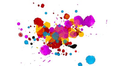 2d illüstrasyon. Renkli mürekkep sıçramaları. Parlak malzeme üzerine boya sıçradı. Çok renkli nokta. Beyaz kağıt üzerinde suluboya.