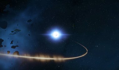 2D çizim. Derin geniş uzay. Parlak yıldızlar, gezegenler, uydular. Çeşitli bilim kurgu yaratıcı arka planlar. Uzay sanatı. Uzaylı güneş sistemleri. Uzaktan. Gerçekçi arka plan derin evren.