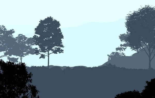 Alberi Silhouetted Foresta Nebbiosa Sfondo Naturale — Foto Stock