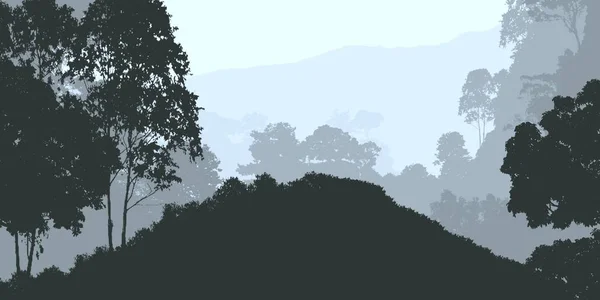 Alberi Silhouetted Foresta Nebbiosa Sfondo Naturale — Foto Stock