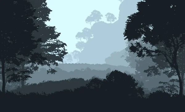 Βαθύ Δάσος Ομίχλη Και Λόφους Που Καλύπτονται Από Φυτά Και — Φωτογραφία Αρχείου