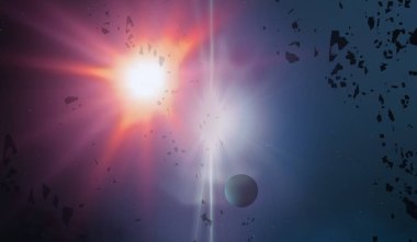 2D çizim. Derin geniş uzay. Parlak yıldızlar, gezegenler, uydular. Çeşitli bilim kurgu yaratıcı arka planlar. Uzay sanatı. Uzaylı güneş sistemleri. Uzaktan. Gerçekçi arka plan derin evren.