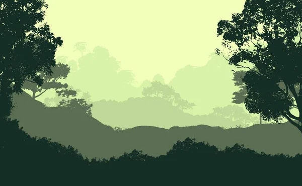 2d illustration. Trees in fog. Deep forest haze. Hills covered by plants and foliage. Shrubs and bushes. Deciduous wood.