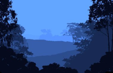 2d illüstrasyon. Sisteki ağaçlar. Derin orman sisi. Bitkiler ve yapraklarla kaplı tepeler. Çalılar ve çalılar. Yaprak döken ahşap. 