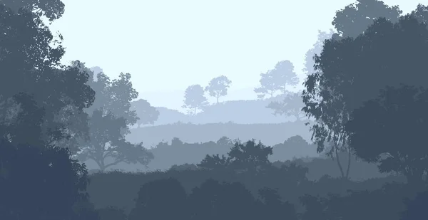 Ilustración Árboles Niebla Niebla Profunda Del Bosque Colinas Cubiertas Por — Foto de Stock