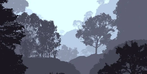 Εικονογράφηση Δέντρα Στην Ομίχλη Βαθιά Ομίχλη Στο Δάσος Λόφοι Που — Φωτογραφία Αρχείου