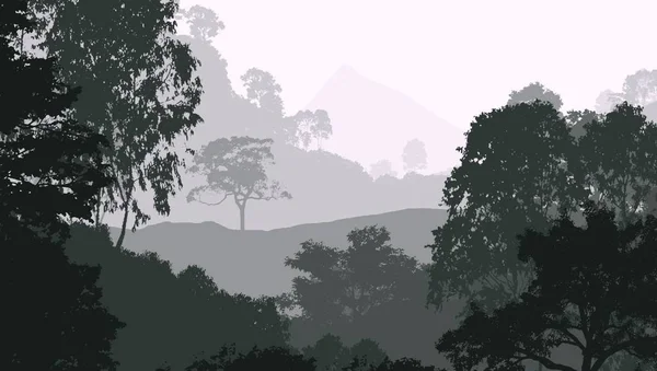 Illustration Trees Fog Deep Forest Haze Hills Covered Plants Foliage — Stock Photo, Image