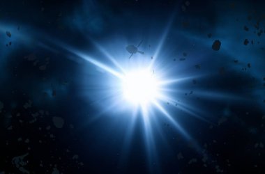 2D çizim. Derin geniş uzay. Parlak yıldızlar, gezegenler, uydular. Çeşitli bilim kurgu yaratıcı arka planlar. Uzay sanatı. Uzaylı güneş sistemleri. Uzaktan. Gerçekçi arka plan derin evren.