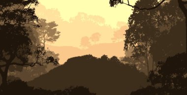 2d illüstrasyon. Sisteki ağaçlar. Derin orman sisi. Bitkiler ve yapraklarla kaplı tepeler. Çalılar ve çalılar. Yaprak döken ahşap. 