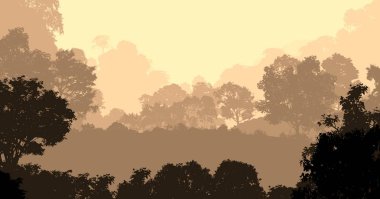 2d illüstrasyon. Sisteki ağaçlar. Derin orman sisi. Bitkiler ve yapraklarla kaplı tepeler. Çalılar ve çalılar. Yaprak döken ahşap. 