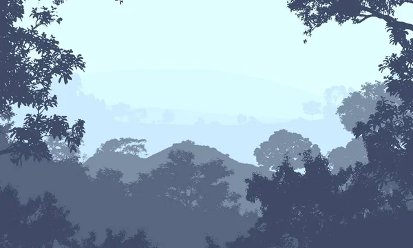 Εικονογράφηση Δέντρα Στην Ομίχλη Βαθιά Ομίχλη Στο Δάσος Λόφοι Που — Φωτογραφία Αρχείου