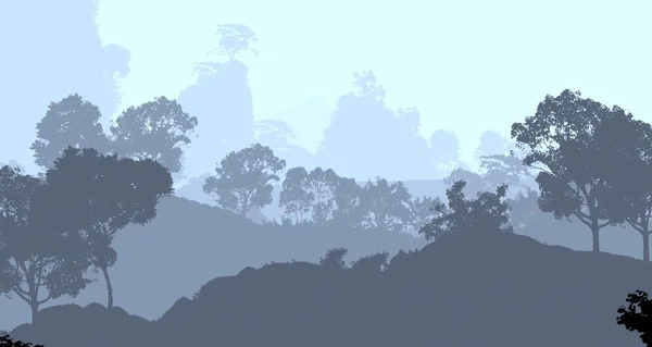 2d illustration. Trees in fog. Deep forest haze. Hills covered by plants and foliage. Shrubs and bushes. Deciduous wood.