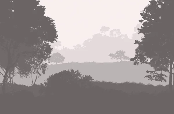 2d illustration. Trees in fog. Deep forest haze. Hills covered by plants and foliage. Shrubs and bushes. Deciduous wood.