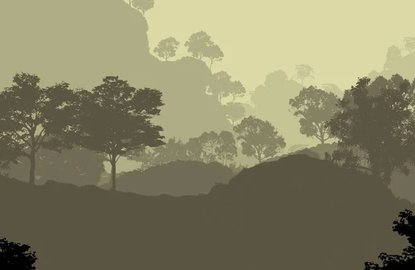 Illustration Trees Fog Deep Forest Haze Hills Covered Plants Foliage — Stock Photo, Image