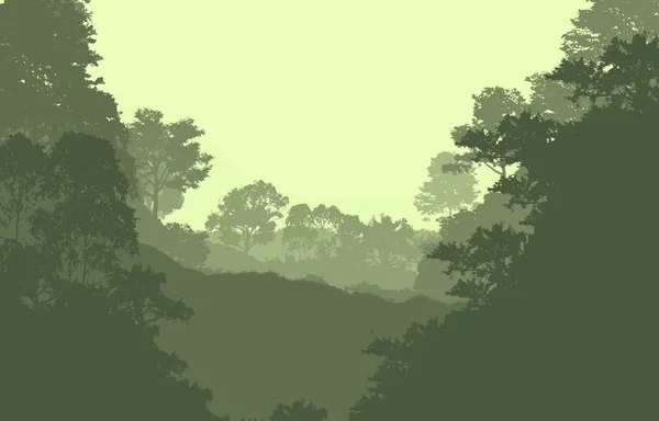 Illustrazione Alberi Nella Nebbia Foresta Profonda Foschia Colline Coperte Piante — Foto Stock