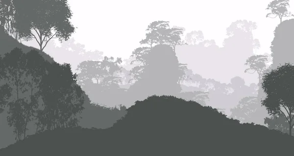 Illustrazione Alberi Nella Nebbia Foresta Profonda Foschia Colline Coperte Piante — Foto Stock