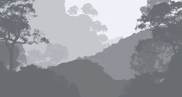 Illustrazione Alberi Nella Nebbia Foresta Profonda Foschia Colline Coperte Piante — Foto Stock