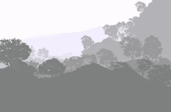 Illustration Trees Fog Deep Forest Haze Hills Covered Plants Foliage — Stock Photo, Image