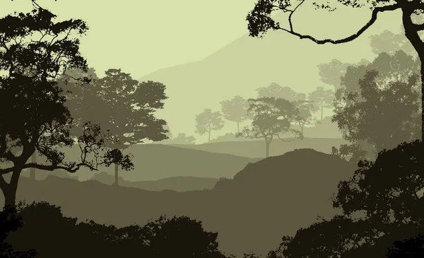 2d illustration. Trees in fog. Deep forest haze. Hills covered by plants and foliage. Shrubs and bushes. Deciduous wood.