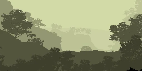 2d illustration. Trees in fog. Deep forest haze. Hills covered by plants and foliage. Shrubs and bushes. Deciduous wood.