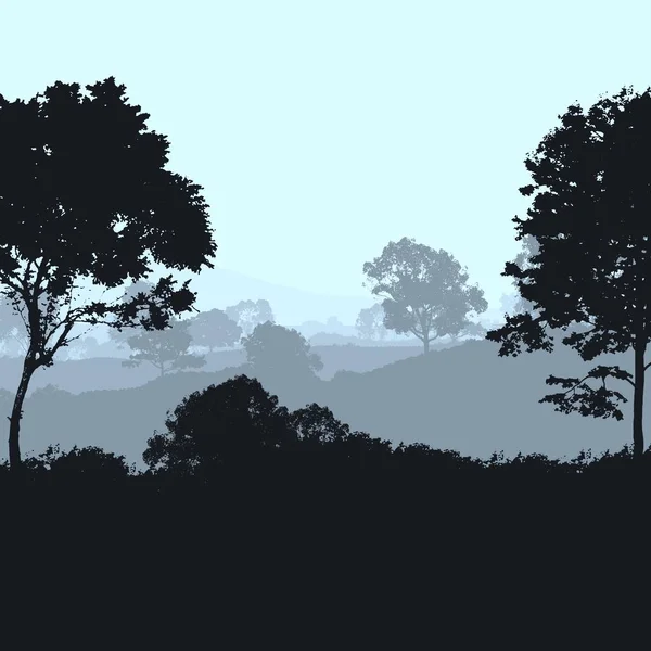 Illustrazione Alberi Nella Nebbia Foresta Profonda Foschia Colline Coperte Piante — Foto Stock