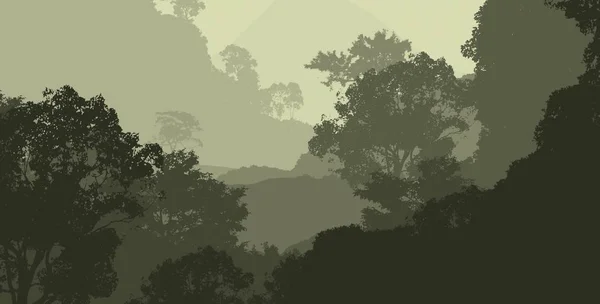 Illustratie Bomen Mist Deep Forest Haze Heuvels Bedekt Met Planten — Stockfoto