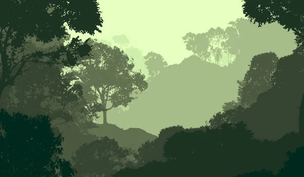 Иллюстрация Деревья Тумане Глубокая Лесная Дымка Холмы Покрытые Растениями Листьями — стоковое фото