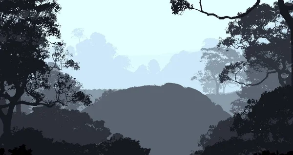 Ilustracji Drzewa Mgle Głębokie Zamglenie Lasów Wzgórza Pokryte Roślinami Liści — Zdjęcie stockowe