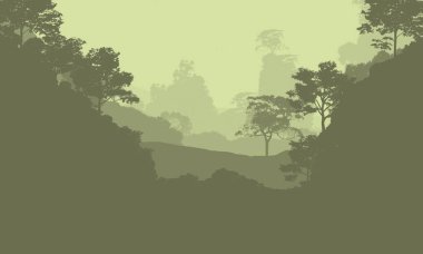 2d illüstrasyon. Sisteki ağaçlar. Derin orman sisi. Bitkiler ve yapraklarla kaplı tepeler. Çalılar ve çalılar. Yaprak döken ahşap. 