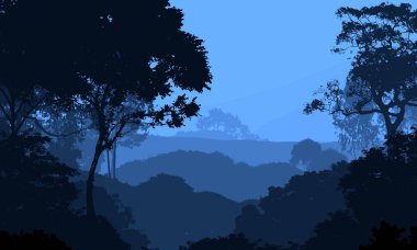 2d illüstrasyon. Sisteki ağaçlar. Derin orman sisi. Bitkiler ve yapraklarla kaplı tepeler. Çalılar ve çalılar. Yaprak döken ahşap. 