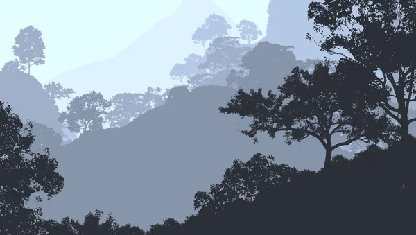 Illustration Des Arbres Dans Brouillard Brume Forêt Profonde Collines Couvertes — Photo