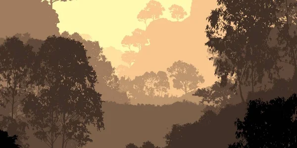 2Dイラスト 霧の中の木々 深い森のかすみ 植物や葉で覆われた丘 低木と茂み落葉樹 — ストック写真