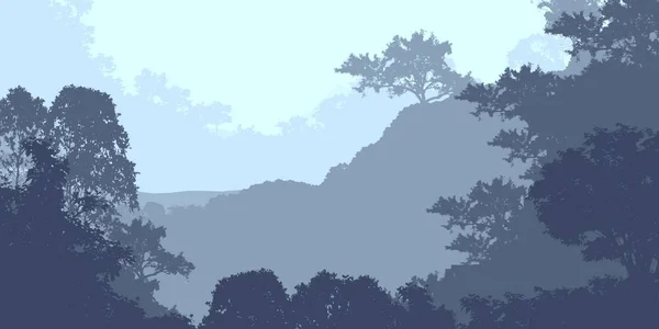 Illustrazione Alberi Nella Nebbia Foresta Profonda Foschia Colline Coperte Piante — Foto Stock