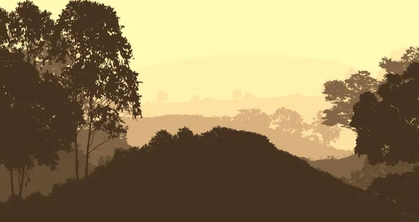 2d illustration. Trees in fog. Deep forest haze. Hills covered by plants and foliage. Shrubs and bushes. Deciduous wood.