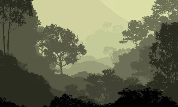 Illustration Trees Fog Deep Forest Haze Hills Covered Plants Foliage — Stock Photo, Image