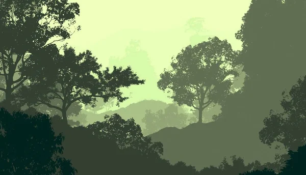 2d illustration. Trees in fog. Deep forest haze. Hills covered by plants and foliage. Shrubs and bushes. Deciduous wood.