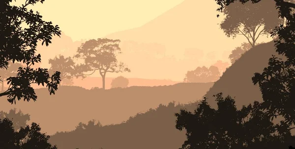 Ilustracji Drzewa Mgle Głębokie Zamglenie Lasów Wzgórza Pokryte Roślinami Liści — Zdjęcie stockowe