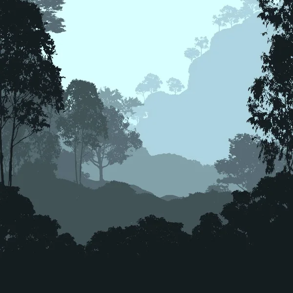 2d illustration. Trees in fog. Deep forest haze. Hills covered by plants and foliage. Shrubs and bushes. Deciduous wood.