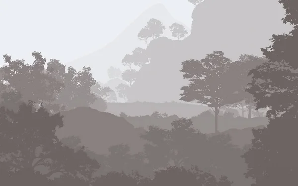 2d illustration. Trees in fog. Deep forest haze. Hills covered by plants and foliage. Shrubs and bushes. Deciduous wood.