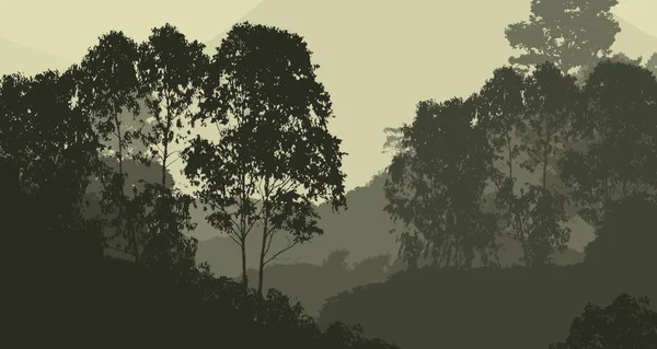 Illustrazione Alberi Nella Nebbia Foresta Profonda Foschia Colline Coperte Piante — Foto Stock