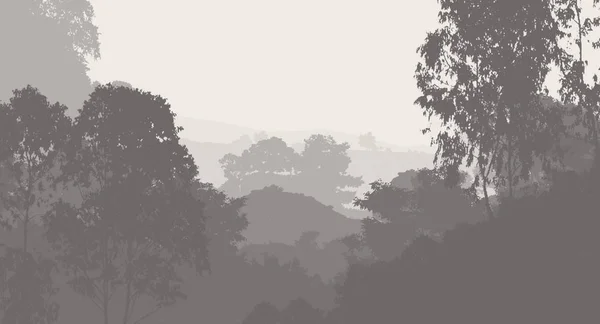 Illustrazione Alberi Nella Nebbia Foresta Profonda Foschia Colline Coperte Piante — Foto Stock