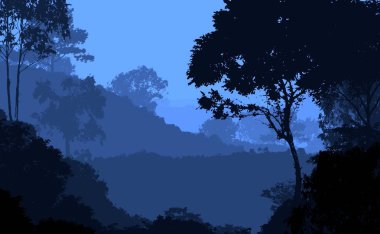 2d illüstrasyon. Sisteki ağaçlar. Derin orman sisi. Bitkiler ve yapraklarla kaplı tepeler. Çalılar ve çalılar. Yaprak döken ahşap. 