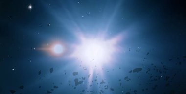 2D çizim. Derin geniş uzay. Parlak yıldızlar, gezegenler, uydular. Çeşitli bilim kurgu yaratıcı arka planlar. Uzay sanatı. Uzaylı güneş sistemleri. Uzaktan. Gerçekçi arka plan derin evren.