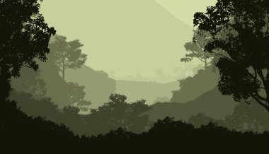 2d illüstrasyon. Sisteki ağaçlar. Derin orman sisi. Bitkiler ve yapraklarla kaplı tepeler. Çalılar ve çalılar. Yaprak döken ahşap. 