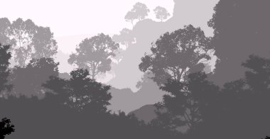 2d illüstrasyon. Sisteki ağaçlar. Derin orman sisi. Bitkiler ve yapraklarla kaplı tepeler. Çalılar ve çalılar. Yaprak döken ahşap. 