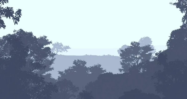 Illustrazione Alberi Nella Nebbia Foresta Profonda Foschia Colline Coperte Piante — Foto Stock