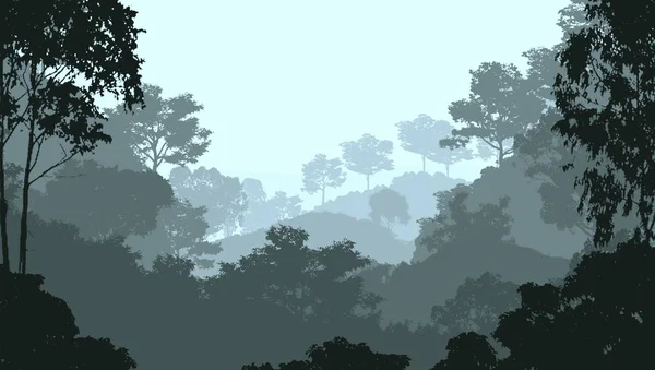 Illüstrasyon Sisteki Ağaçlar Derin Orman Sisi Bitkiler Yapraklarla Kaplı Tepeler — Stok fotoğraf