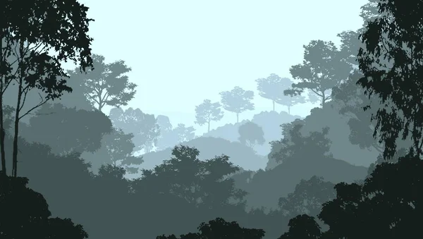 2d illustration. Trees in fog. Deep forest haze. Hills covered by plants and foliage. Shrubs and bushes. Deciduous wood.