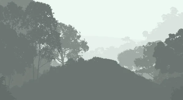 Ilustrace Stromy Mlze Hluboká Lesní Mlha Kopce Pokryté Rostlinami Listím — Stock fotografie