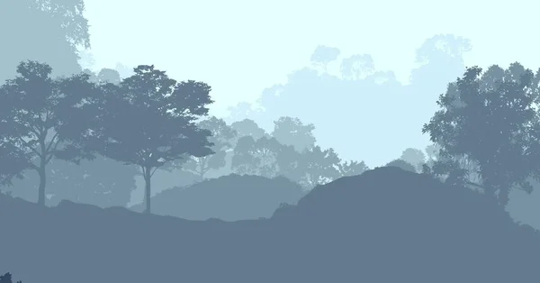 Illustration Des Arbres Dans Brouillard Brume Forêt Profonde Collines Couvertes — Photo